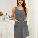 Women's Cotton Sleeveless Nightgowns Summer Tank Sleepwear Henley Lounge Dress With Pocket (Gray, M)