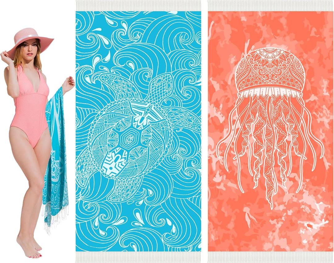 Thin Turkish Beach Towel Lightweight Soft Cotton Extra Large XL Oversized Sand Free Sandproof Absorbent Quick Dry Towels Cloud Bath Pool Travel Compact Essentials Accessories for Adult Gifts (2 Pack Askyblue Turtle Orangered Jellyfish Go)