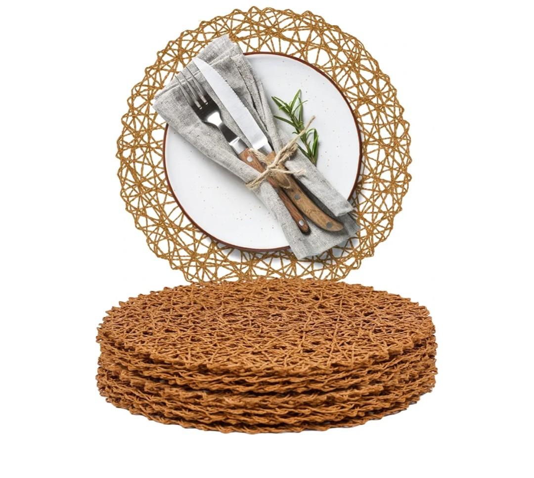 AHHFSMEI Paper Braided Round Placemats Set of 12 Natural Non-Slip Heat Resistant Table Mats for Dining Tables Woven Indoor & Outdoor Place mats(Brown,12)
