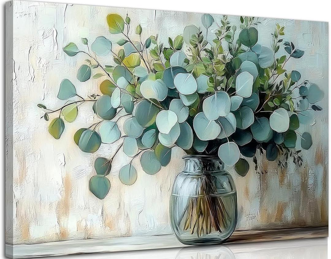 Eucalyptus Flower Glass Vase Canvas Wall Art Sage Green Canvas With Mason Jar Plants Wall Decor Farmhouse Vintage Green Plants Poster Print Artwork for Bathroom Living room Bedroom Home Decoration (24L" x 16W")