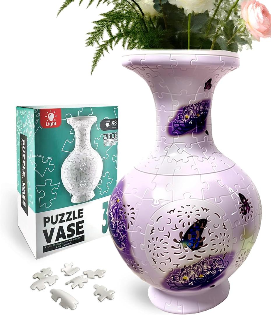 3D Puzzle Vase  200-Piece Interlocking Plastic DIY Flower Vase, Home Decor/Stress Reliever/Floral Arrangement Art, Unique Creative Gift (Light-Up Function) (Purple Blossoms)