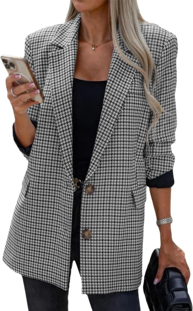 Ebossy Women's Casual Oversized Blazer Suit Notch Lapel Button Plaid Work Office Jacket Wool Pea Coat (2XL, Grey)