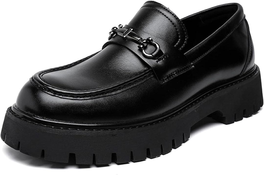 Mens Leather Platform Chunky Slip On Horsebit Loafers Classic Round Toe Non-Slip Lug Sole Business Casual Work Dress Shoes for Formal Party Wedding Office (Size 12, Black)