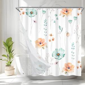 AWERT Watercolor Flower Shower Curtain with Liner 3 in 1 Shower Curtain Set Light Green Beige Floral Shower Curtain and Liner Set Clear PEVA Liner with 12 Rust Proof Hooks 70x78inch