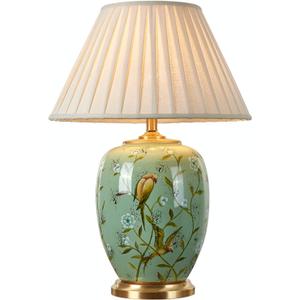 Green Flower and Bird Ceramics Table Lamp 25.5" Chinoiserie Lamp American Handmade Beige Linen Drum Shade Decor for Living Room Bedroom House Bedside Home