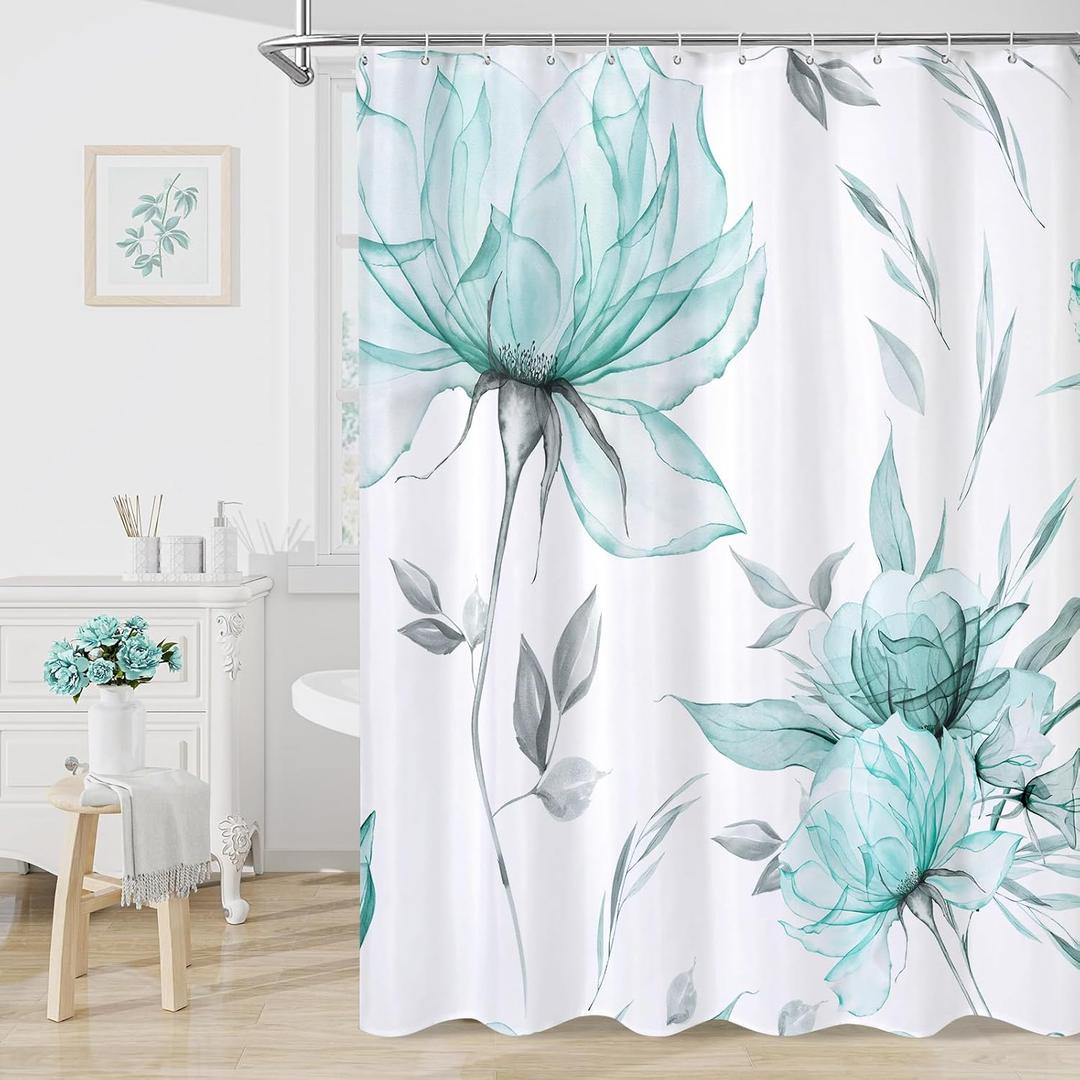 Teal Blue and Grey Boho Watercolor Floral Shower Curtain, Ink Painting Style Blossom & Leaf Shower Curtains for Chic Elegant Bathroom, Artistic Fabric Cloth Flower Shower Curtain, 72x72