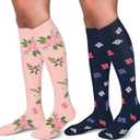 30-40mmHg Medical Graduated Compression Socks for Women&Men Circulation-Compression Stockings-Knee High Socks for Support,Hiking,Running (Small-Medium, 7-2 Pack Flowers Navy,Pink)