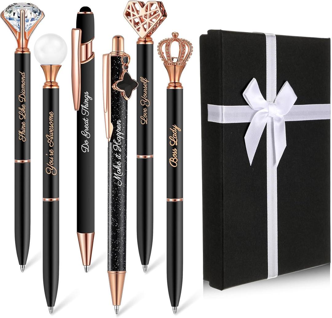 6 Pcs Fancy Pens for Women Crystal Diamond Pen for Journaling Pretty Glitter Ballpoint with Box Inspirational Gifts for Women Girls College Students Cute Back to School Gifts(Black)