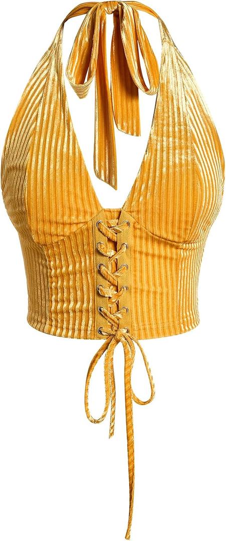 Verdusa Women's Going Out Halter Corset Top Sleeveless Lace Up Open Back Crop Tops (Yellow, M)