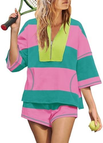 Yanekop Womens 1 Piece Outfits Summer Striped Workout Matching Lounge Short, M 