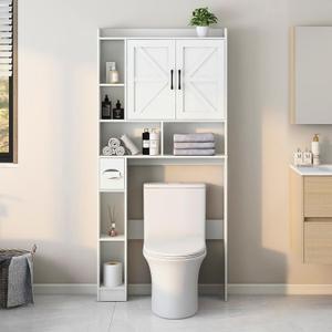 Over The Toilet Storage Cabinet, Farmhouse Storage Cabinet Over Toilet with 2 Barn Door & Toilet Paper Holder StandHome Space-Saving Toilet Rack, for Bathroom, Restroom, Laundry (White)