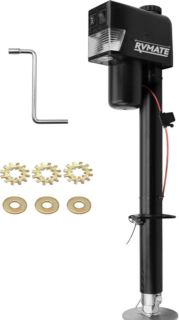 RVMATE Electric A-Frame Trailer Jack up to 3500-4000lbs Heavy Duty RV Electric Power Tongue Jack with Accessories Manual Crank Handle and Level, 18" Lift, 12V DC and LED Lights, Jack Hammers