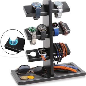 Watch Stand for Men, Watch Display Stand with Charger Groove, Wooden Watch Holder Stand, Jewelry Holder Organizer for Rings, Jewelry, Coins Bracelets, Great Gifts for Men Women, Black
