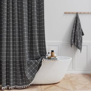 BTTN Extra Long Shower Curtain - 72x96 Inch Long Boho Chic Linen Fabric Heavy Duty Shower Curtain Set with Hooks, Tall Bohemian Farmhouse Shabby Chic Shower Curtains for Bathroom - Charcoal Grey/Gray