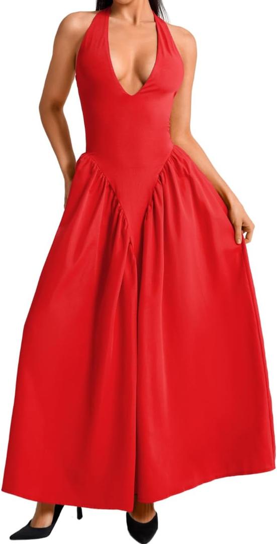 Deep V Neck Dress, Halter Maxi Dresses, Vacation Date Night, Sexy for Women Corset Flowy Wedding Guest Drop Waist (Red)