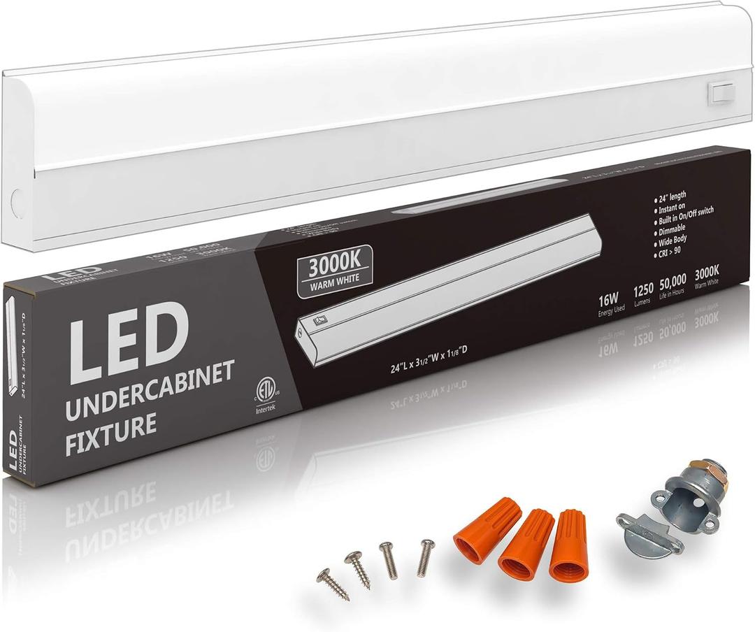 Hardwired LED Under Cabinet Lighting - 16 Watt, 24", Dimmable, CRI>90, 3000K (Warm White), Under Cabinet Lights for Kitchen - Wide Body, Long Lasting Metal Base with Frost Lens - Under Counter Lights