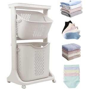 ALSO GO 2-Tier Household Laundry Hamper Sorter, White Removable Laundry Baskets, Portable Rolling Freestanding Plastic Laundry Hamper with 4 Wheels for Organizing Clothes, for Home, Bathroom, Dorm
