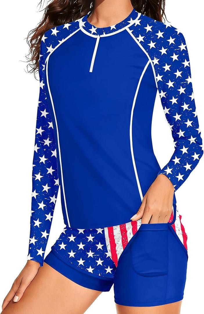 Girls Rash Guard Swimsuit 2Pcs Quarter-Zip Long Sleeve Sun Protection Bathing Suit + Swim Shorts for Girl 9-16Y (Blue)