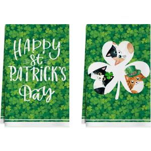 XCHI Green Shamrocks Clovers Cats Happy St. Patrick's Day Kitchen Towels Dish Towels 18x26 Inch Home Kitchen Decorations Hand Towels Set of 2 Drying Dishcloth