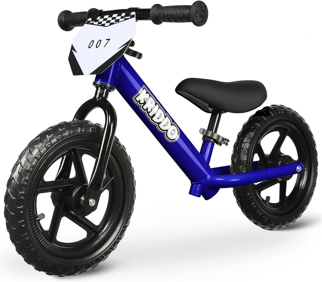 KRIDDO Toddler Balance Bike 2 Year Old, Age 18 Months to 5 Years Old, 12 Inch Push Bicycle with Customize Plate (3 Sets of Stickers Included), Steady Balancing, Gift Bike for 2-3 Boys Girls, Blue