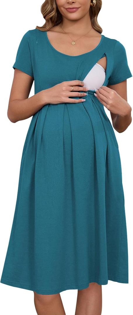 Ecavus Women's Nursing Dress Short Sleeve Hidden Zipper Maternity Breastfeeding Dress with Pockets (Blue, Small)