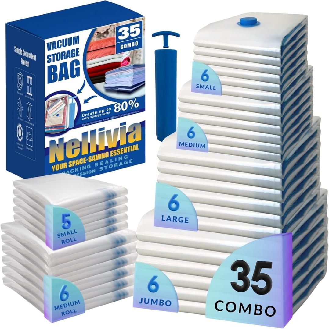 35 Pack Vacuum Storage Bags with Hand Pump, Compression Space Saver for Comforter, Bedding, Blanket Storage, Vacuum Seal Bags for Clothing, Travel Luggage Suitcase and Closet Organizer