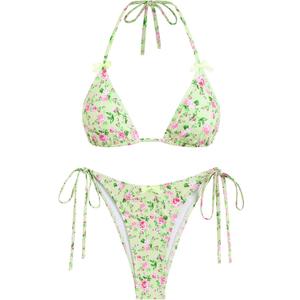 ZAFUL Bikini Sets for Women Halter Bow Decor Tiny Floral Gingham Print Swimsuit Tie Side 2 Pieces Bathing Suit (X-Large, 1-light Green)