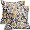 Navy Blue Yellow Grey Pillow Covers 18x18 Set of 2 Boho Carpet Pattern Decorative Throw Pillows Outdoor Pillowcase Vintage Floral Farmhouse Square Linen Cushion Case Decor for Sofa Couch Bed