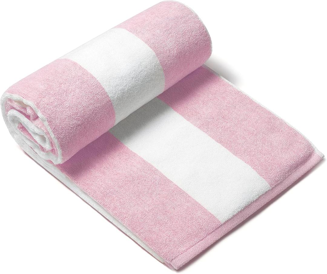 CLOWOOD Plush Oversized Beach Towel - Cotton 40 x 72 Inch Large Thick Pink Striped Cabana Pool Swimming Towel
