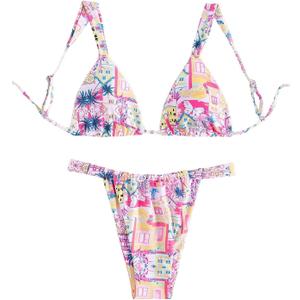 Women's High Waisted Bikini Set Floral Print Spaghetti Strap Smocked Wireless Bathing Suit Swimsuit 2 Piece Set (Small, Light Pink)