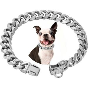 Stainless Steel Silver Gold Dog Collars with Safety Buckle Lock,18K Cuban Link Chain Training Collar,15MM Strong Dog Necklace Heavy Duty Chew Proof for Small Medium Large Dog (14 inch)