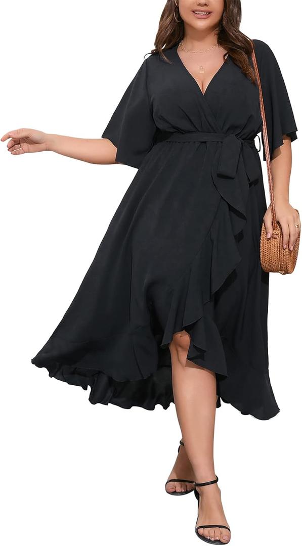 SCOMCHIC Women Plus Size Maxi Dress Short Sleeve Wrap V Neck High Low Split Ruffle Long Dress (XX-Large Plus, Black)