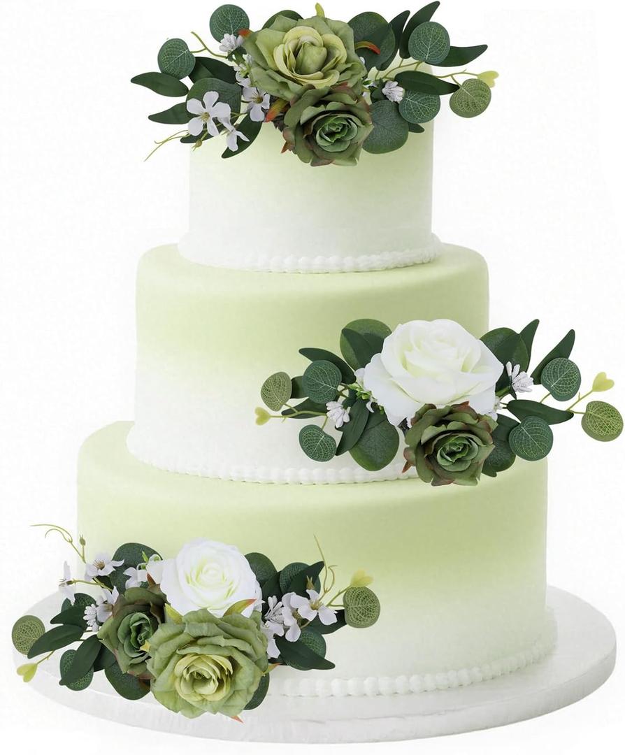 3Pcs Pre-made Flowers Cake Decorations, Green & White Wedding Artificial Flowers Cake Toppers Birthday Baby Shower Gender Reveal Bridal Shower Baptism Party Decor Supplies