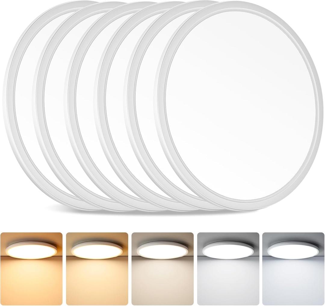 Brightever 12 Inch LED Ceiling Light Flush Mount, 24W 3200LM 0.67 Inch Thickness Close to Ceiling Light Fixtures, 2700K/3000K/4000K/5000K/6500K Color Selectable Light Fixtures Ceiling Mount, 6 Packs (5CCT-White)