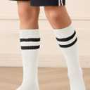 Haloumoning 3 Pairs Boys Soccer Athletic Socks Kids Striped Football Knee High Uniform Sports Tube Socks 4-15 Years (White)