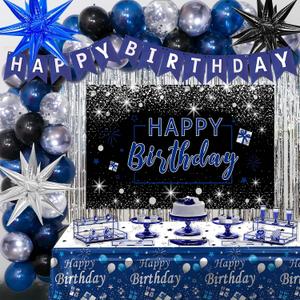 Blue and Black Birthday Decorations for Men Women, Happy Birthday Decorations for Boys Girls Silver Blue Party Decorations Backdrop Tablecloth Confetti Balloons Arch Kit Fringe Curtains Table Cover