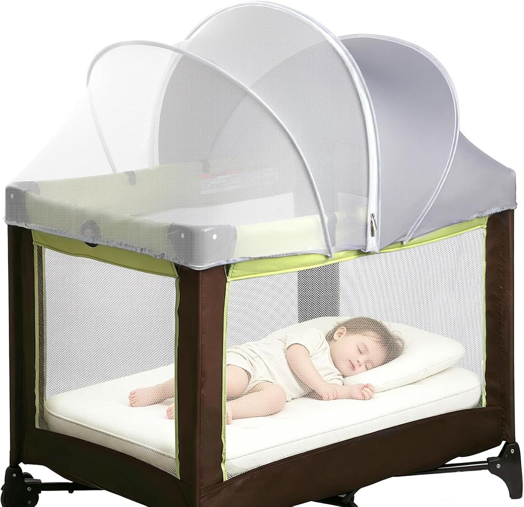 Pack N Play Tent Cover - Light-Blocking Mosquito Net with Two-Way Zipper Portable Bassinet Canopy to Keep Cats Out Bedside Bassinet Insect-Proof Cover, Gray-Large