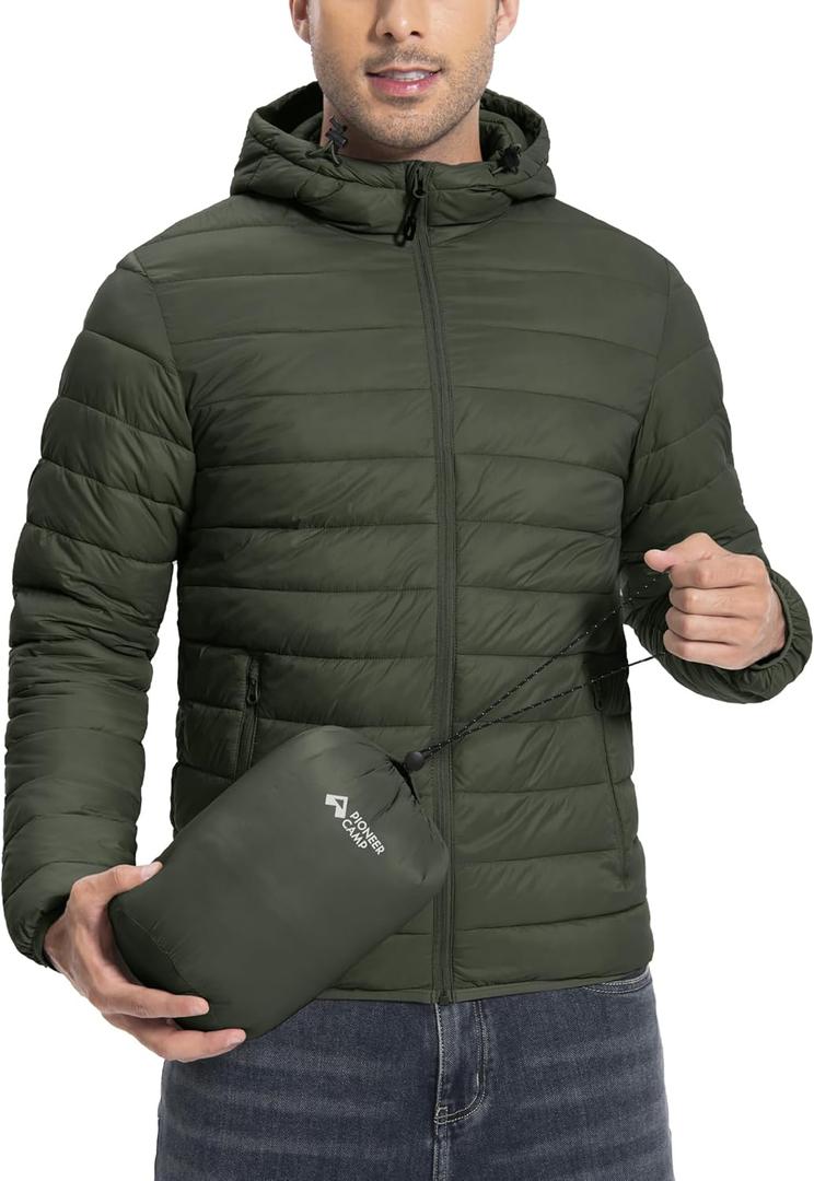 Pioneer Camp Mens Lightweight Packable Puffer Jacket Hooded Insulated Thermal Puffy Winter Jackets for Running Travel (3X-Large, Military Green)