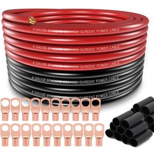 4 Gauge Wire (25ft Each- Black/Red) Copper Clad Aluminum CCA,20pcs Lugs Terminal Connectors with 3:1 Heat Shrink Tube for Power/Auto, Amplifier, Ground Cable