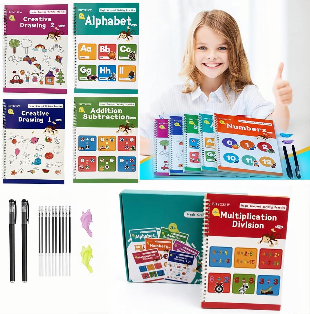 2 x Magic Grooved Writing Practice Books for Kids with Disappearing Ink Pens Grips, Reusable Handwriting Workbooks 6 Pcs, Letter Tracing Copybook for Kindergarten Ages 3-8