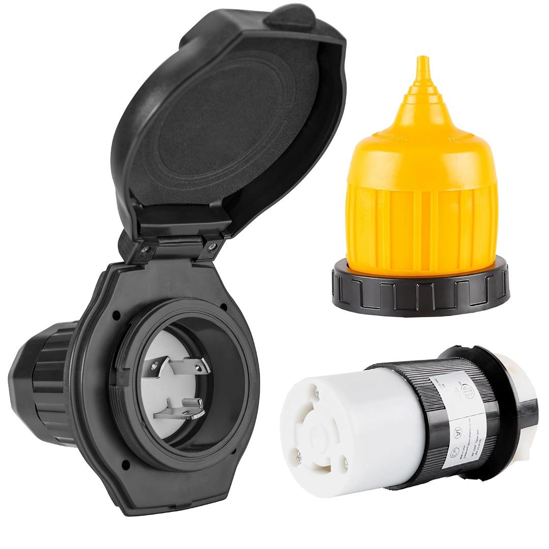 30 AMP RV Power Inlet Receptacle Power Plug with Indicator,125V,Female Twist Locking Connector with Weatherproof Cover Boot Kit for RV Trailer Boat Caravan Camper,NEMA L5-30R Black Plug
