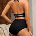 Halter V Neck Push Up Swimsuit Padded High Waisted Ruched Bottom Two Piece Bikini Set Bathing Suit for Women (Black)