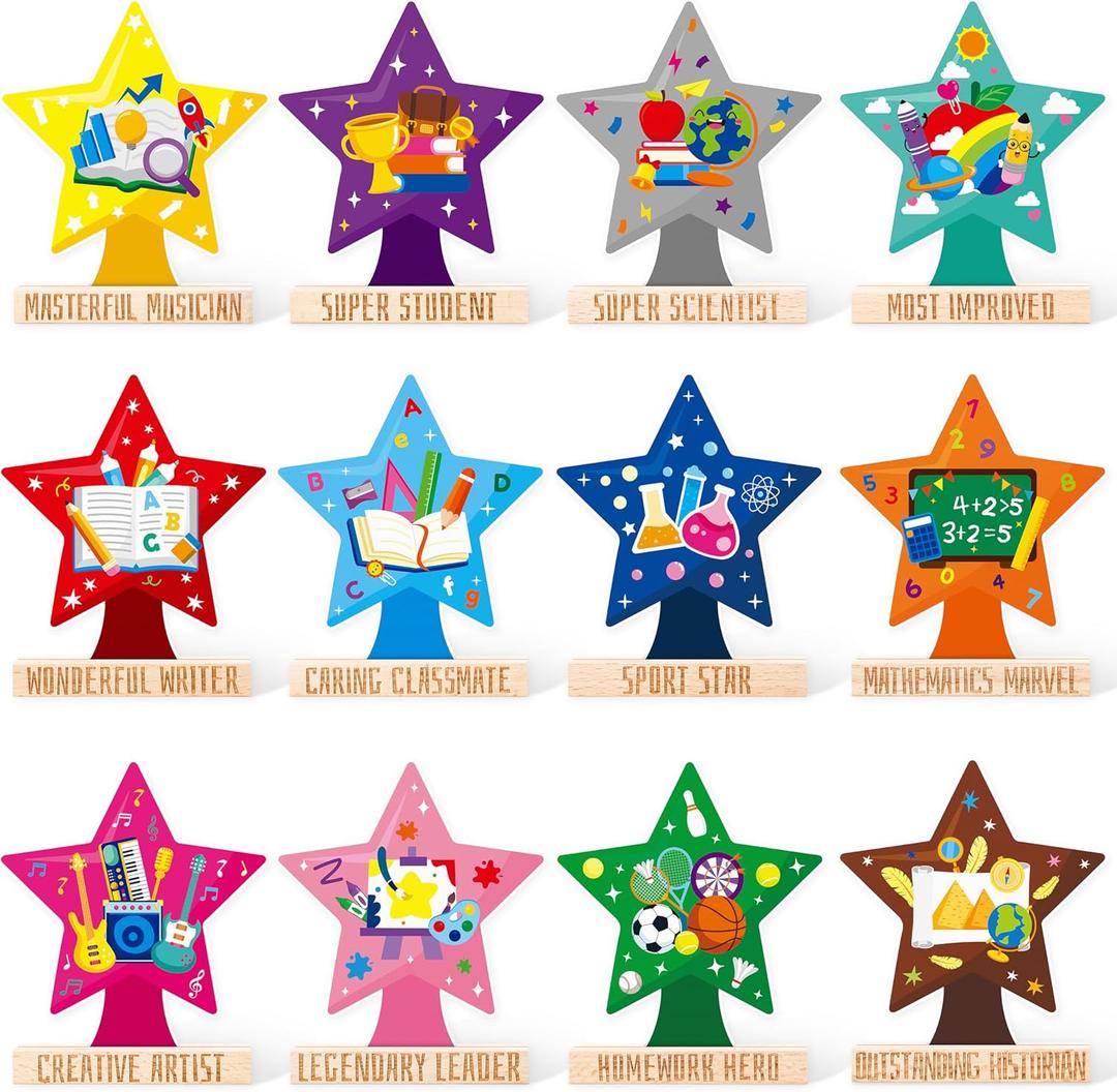 BeYumi Star Acrylic Award Trophy - 12Pcs Year Superlatives Award Trophy for Kids Student of Award Wooden Base Award Recognition Encouragement Trophy Kindergarten Gift School Classroom Party Decoration