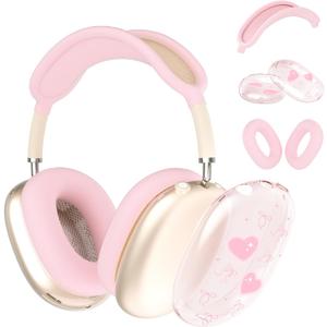 Case for AirPods Max Headphones,Cute Girly Pink Big Heart Clear TPU Ear Cups Cover,Pink Silicone Ear Pad Headband Protective Case Cover for Apple AirPods Max