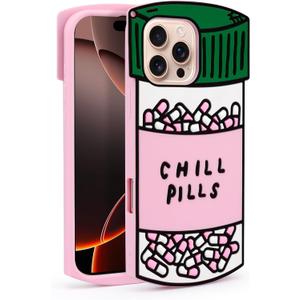 Dumkery Cute Case Compatible with iPhone 16 Pro Chill Pills Case, Girly Capsule Bottle Shaped 3D Funny Soft Silicone Heavy Duty Protection Shockproof Cases for Girls Women Multicolor
