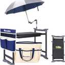 Garden Kneeler and Seat with Umbrella, 2-in-1 Foldable Gardening Stool with Adjustable Bracket, Detachable Tool Bags, Heavy Duty Kneeling Pad for Gardening (Beige Blue)