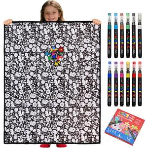 DIY Coloring Blanket with12 Markers Kit， Washable & Color Your Own Blanket with Cozy Velvet Back，Suitable for All Ages，Fun Creative Set for Everyday Use & Home Decor (Mushrooms)