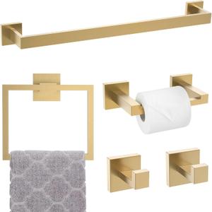 TNOMS 5-Piece Towel Bar Set Brushed Gold Bathroom Hardware Accessories Set Includes Upgraded Double Base Toilet Paper Holder, Modern Square Towel Holder Set Stainless Steel Wall Mount 23.6 Inch
