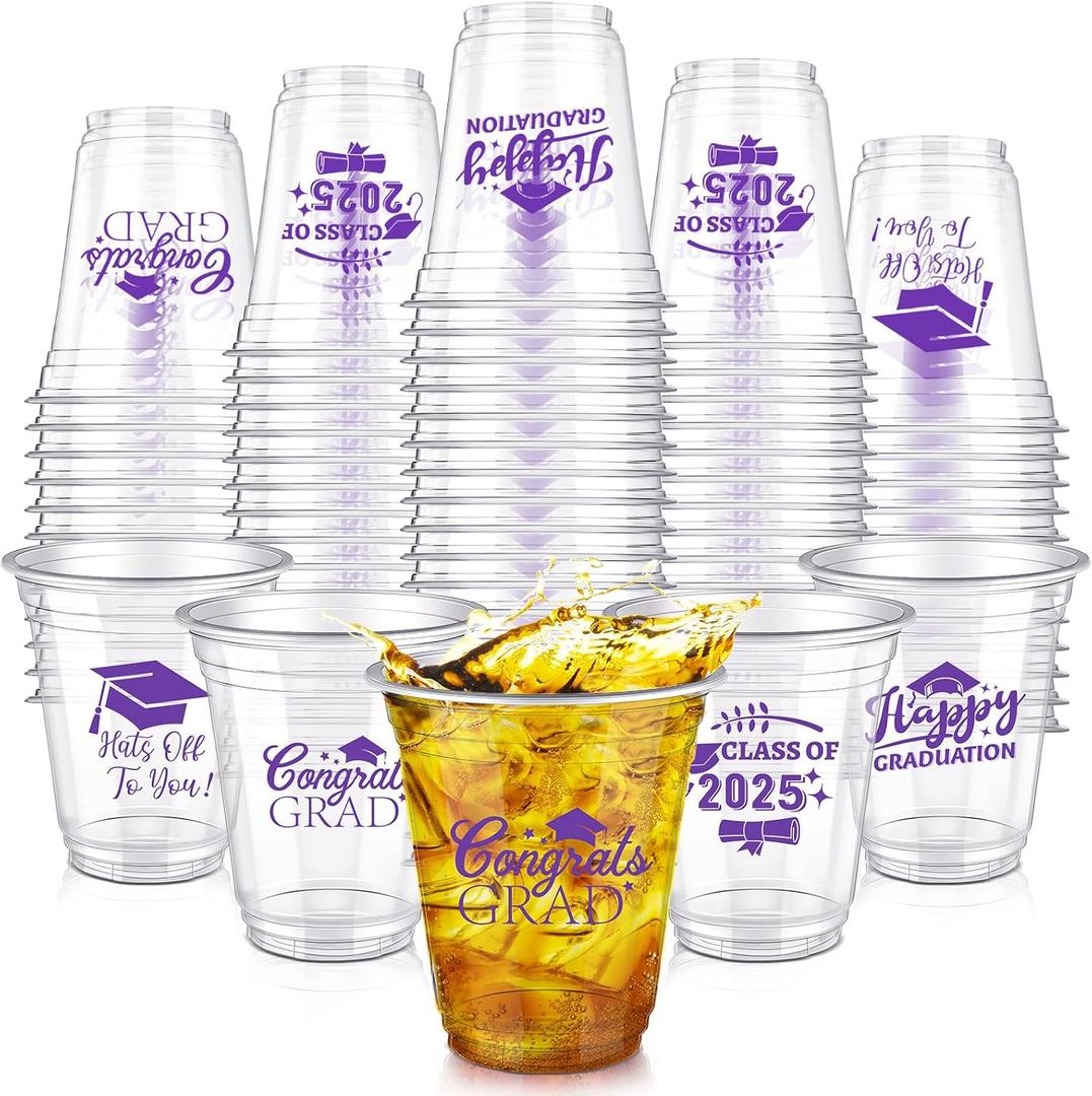 Eaasty 100 Pcs 12oz Graduation Cups 2025 Disposable Plastic Cups for Class of 2025 Graduation Party Congrats Grad Elegant Party Supplies Tableware Decorations (Purple)