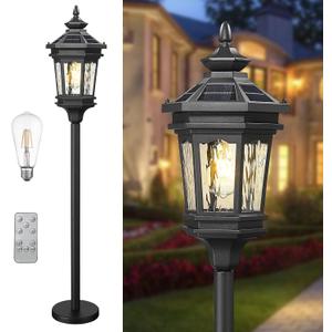 Darkaway Solar Post Light Outside Floor Lamp with Remote Control, Waterproof Outdoor Solar Lighting with Water Ripple Glass Shade for Lawn Pool Garden (49.8inch)